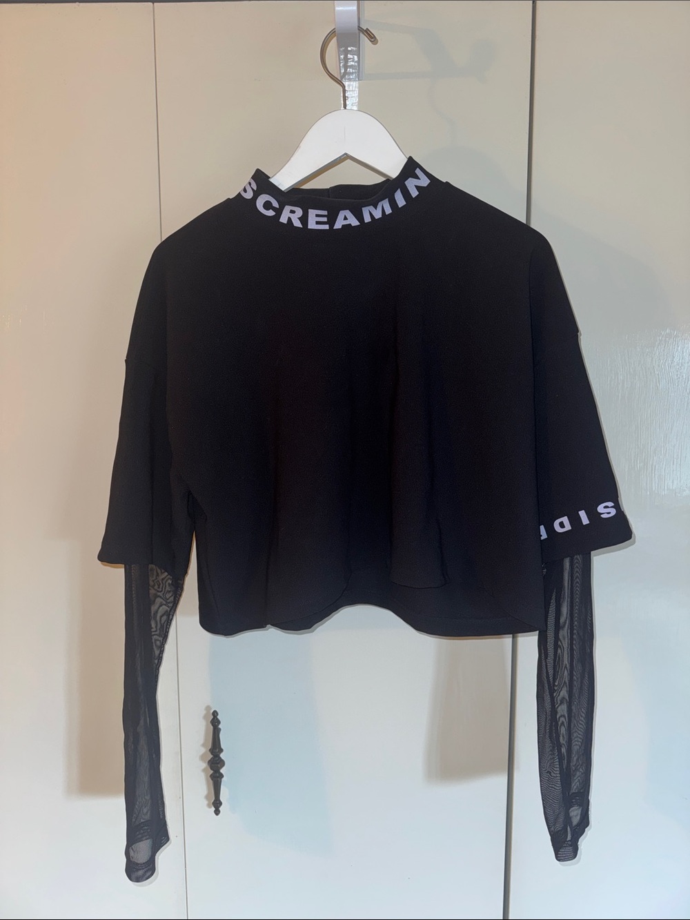 Black Layered Mesh-Sleeve Crop Top
